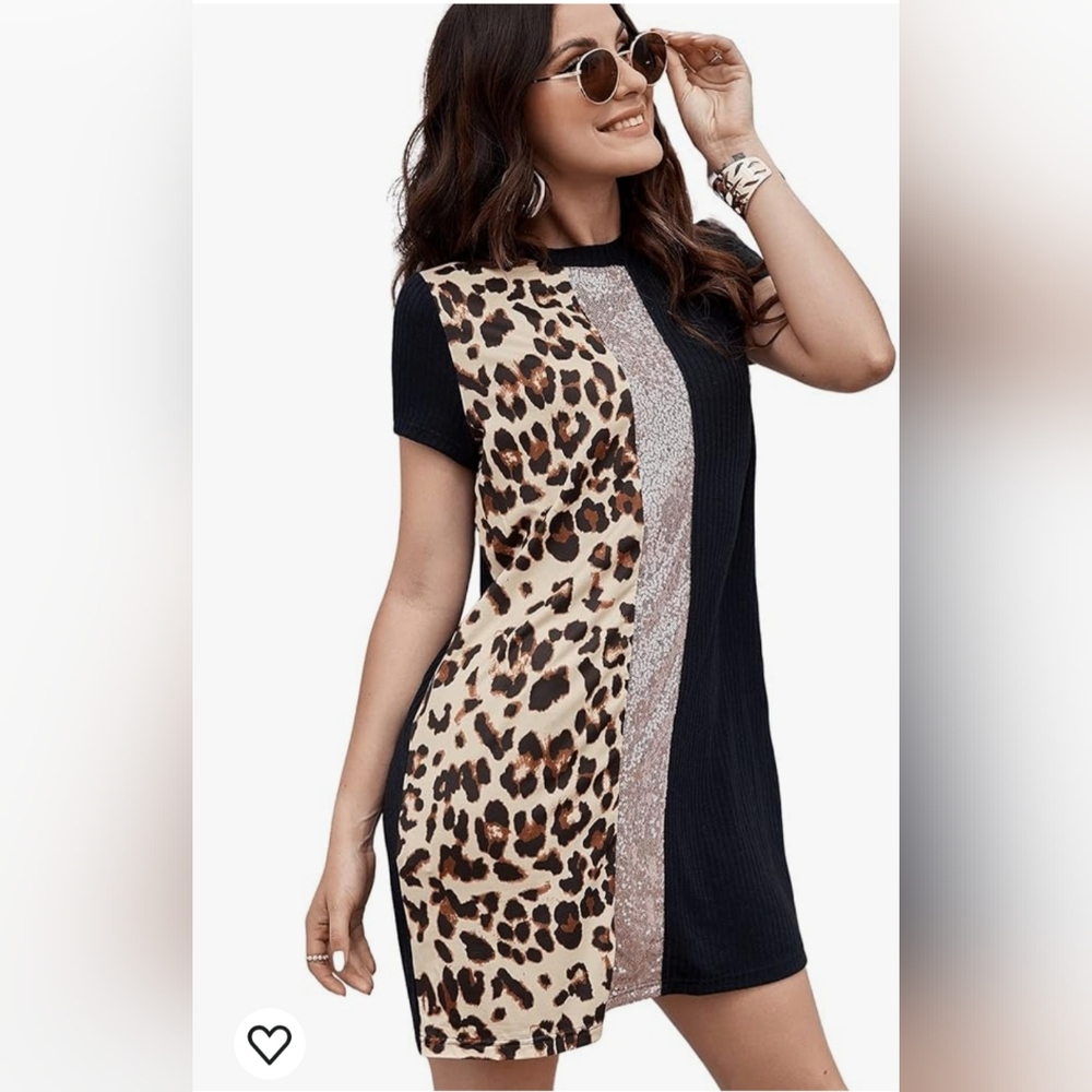 Floerns Women's Short Sleeve Color Block Leopard Print Tunic Dress Large Sequin